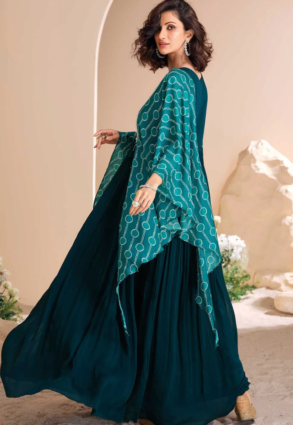Hand Embroidered Chinon Silk Kaftan Gown in Teal Blue