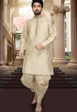 Hand Embroidered Collar Art Silk Dhoti Kurta in Beige