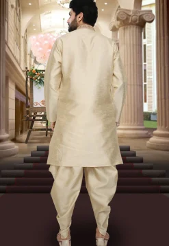 Hand Embroidered Collar Art Silk Dhoti Kurta in Beige