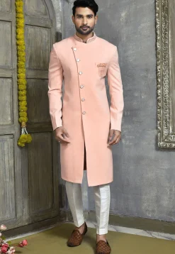 Hand Embroidered Collar Suede Sherwani in Peach