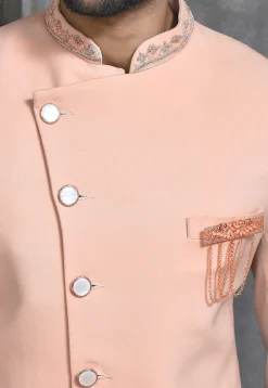 Hand Embroidered Collar Suede Sherwani in Peach