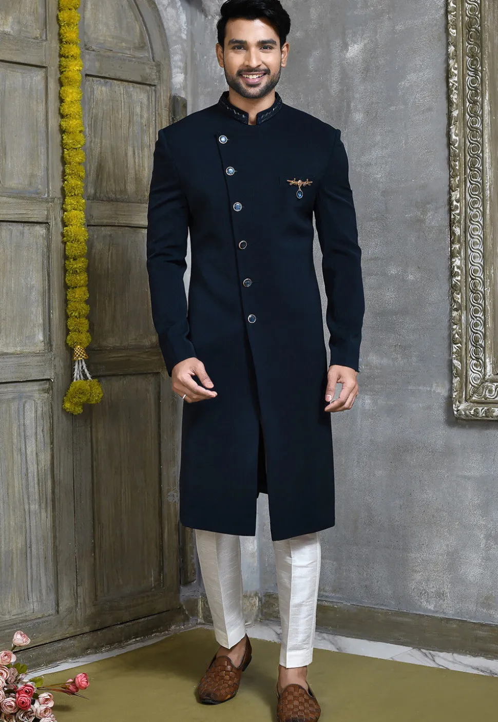 Hand Embroidered Collar Suede Sherwani in Navy Blue