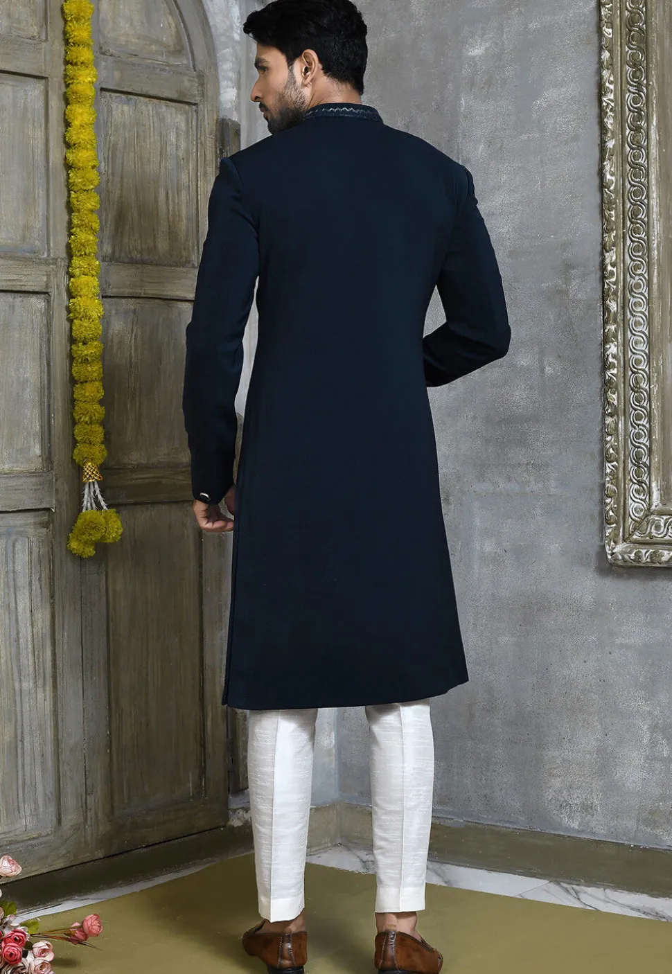 Hand Embroidered Collar Suede Sherwani in Navy Blue