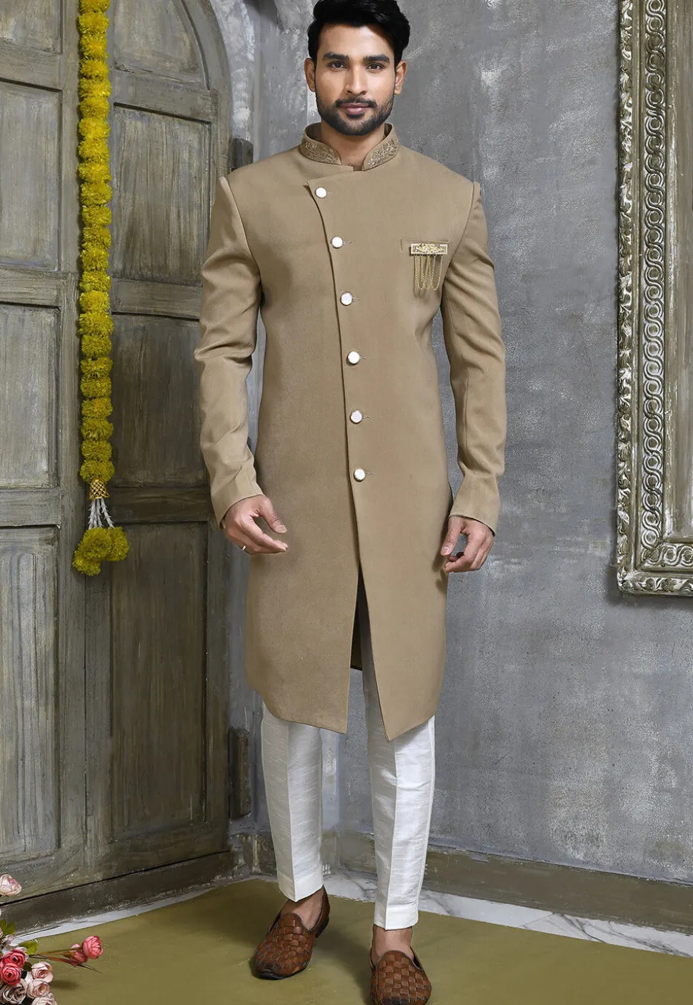 Hand Embroidered Collar Suede Sherwani in Beige