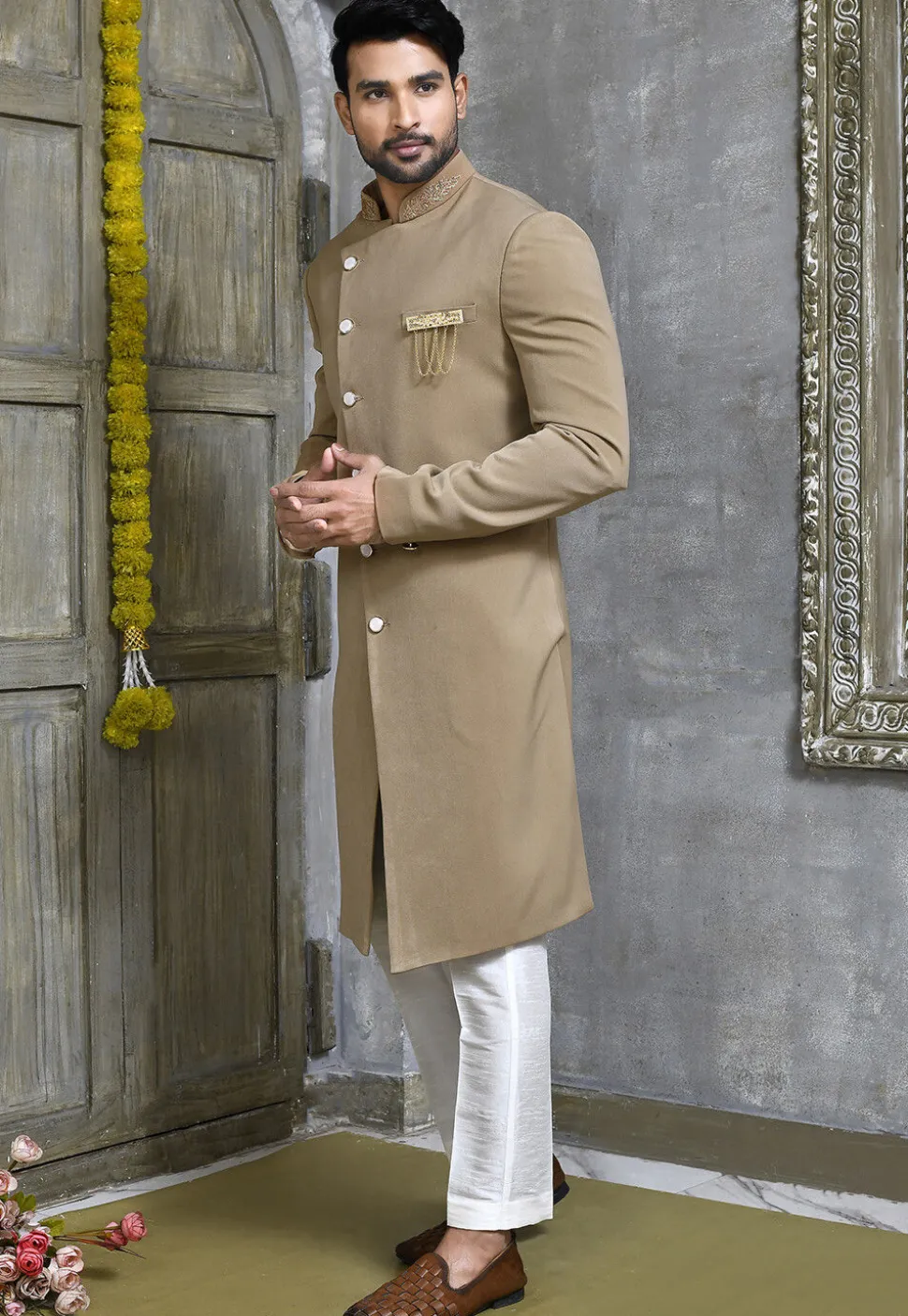 Hand Embroidered Collar Suede Sherwani in Beige