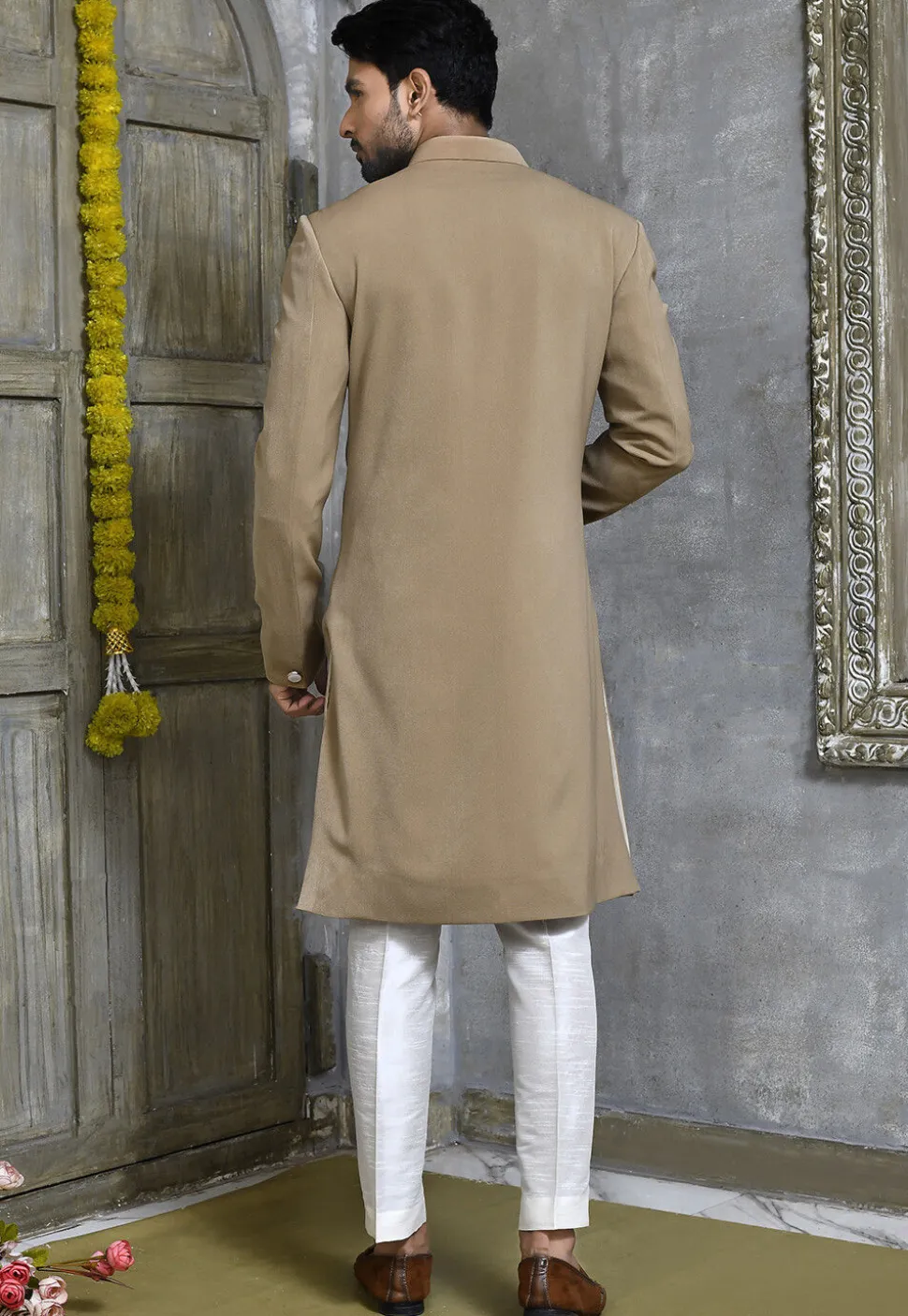Hand Embroidered Collar Suede Sherwani in Beige