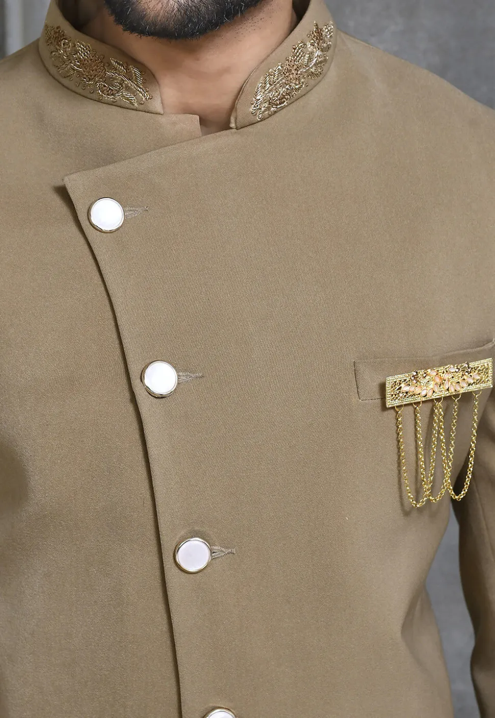 Hand Embroidered Collar Suede Sherwani in Beige