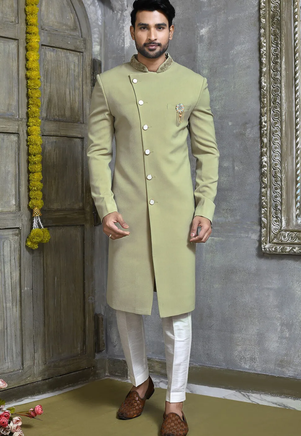 Hand Embroidered Collar Suede Sherwani in Dusty Green
