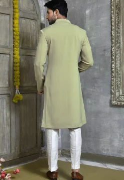 Hand Embroidered Collar Suede Sherwani in Dusty Green
