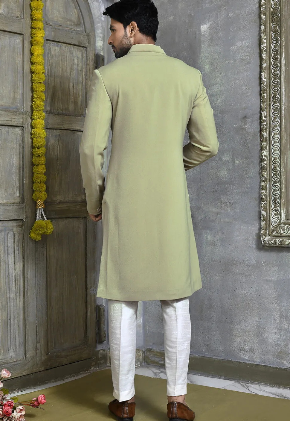 Hand Embroidered Collar Suede Sherwani in Dusty Green