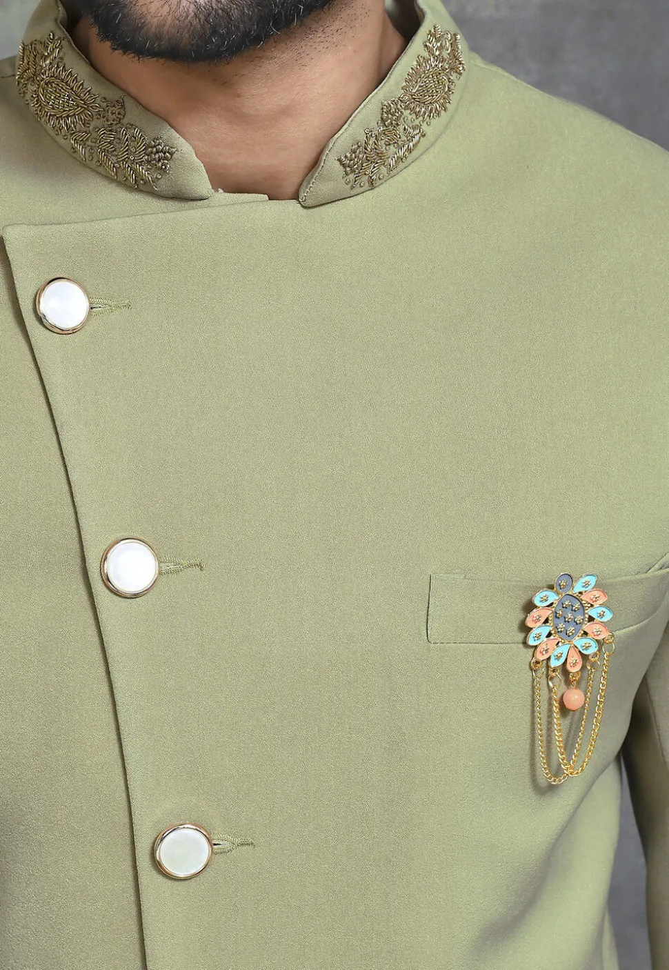 Hand Embroidered Collar Suede Sherwani in Dusty Green