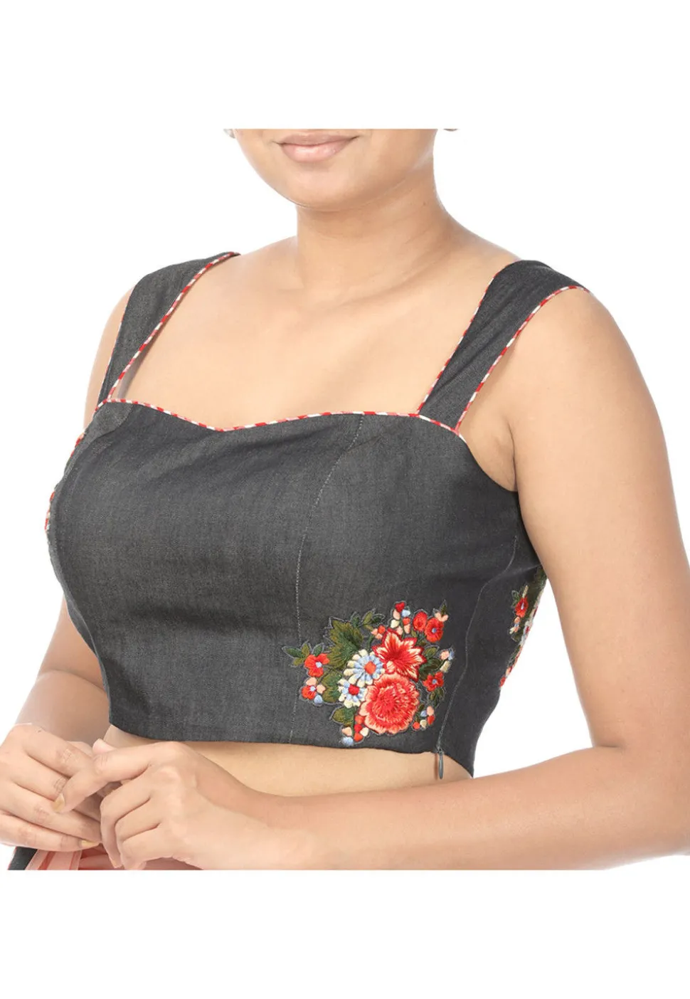 Hand Embroidered Cotton Blouse in Grey