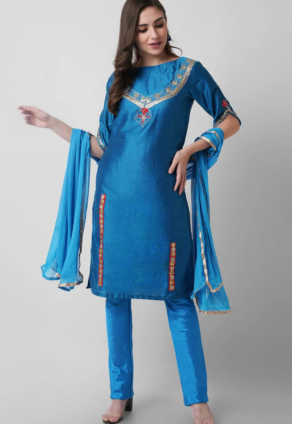Hand Embroidered Cotton Silk Straight Suit in Teal Blue
