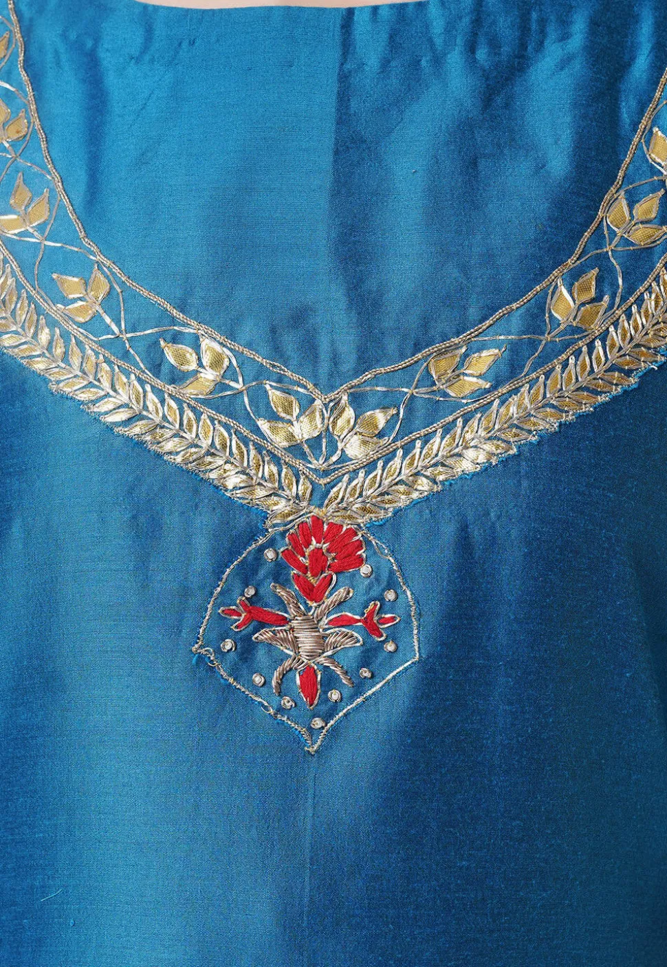 Hand Embroidered Cotton Silk Straight Suit in Teal Blue