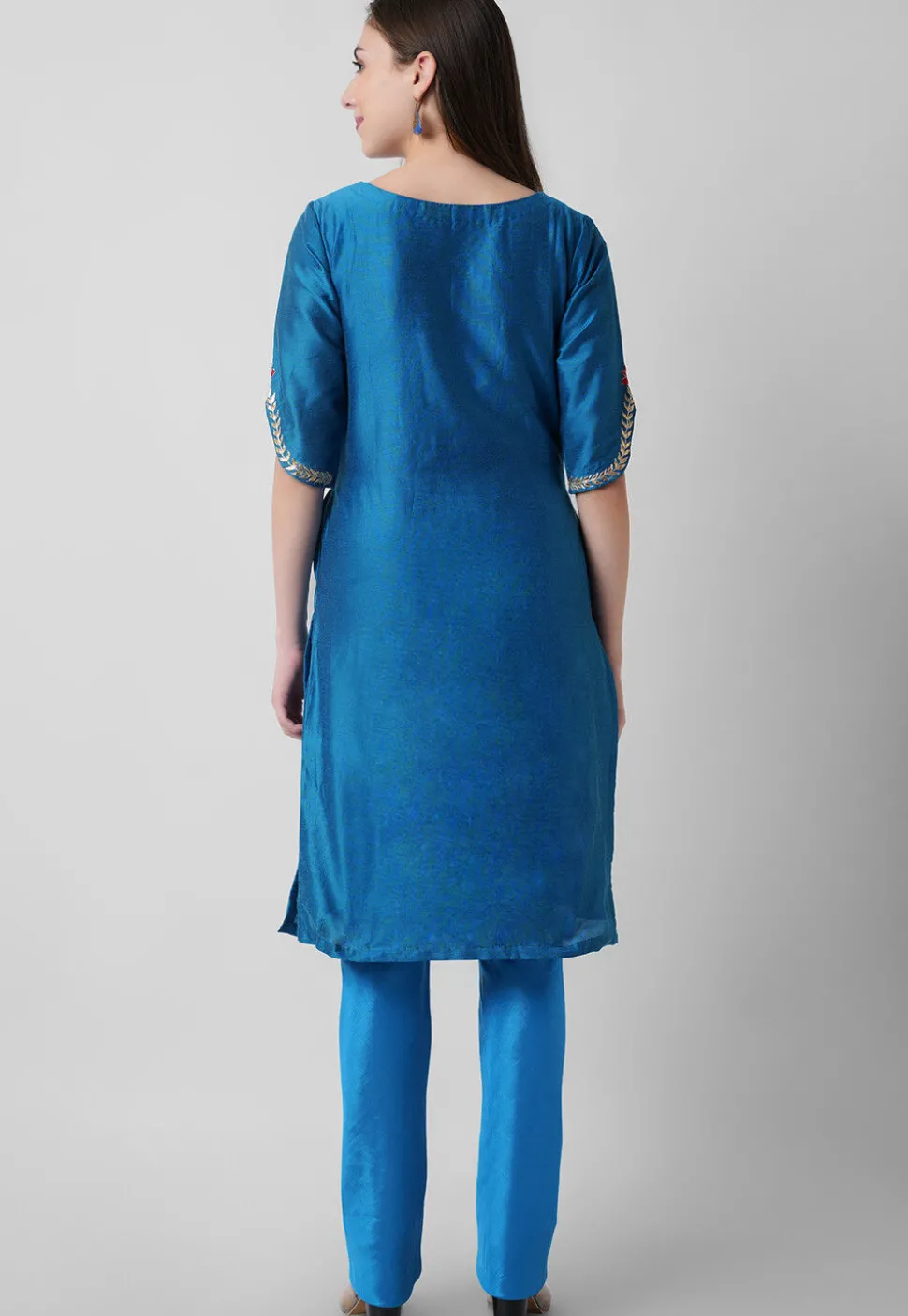 Hand Embroidered Cotton Silk Straight Suit in Teal Blue