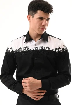 Hand Embroidered Cotton Silk Shirt in Black and White