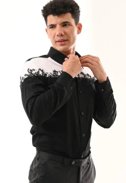 Hand Embroidered Cotton Silk Shirt in Black and White