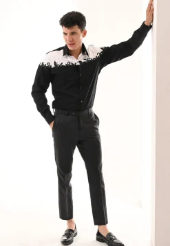 Hand Embroidered Cotton Silk Shirt in Black and White