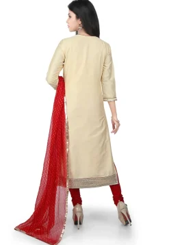 Hand Embroidered Cotton Silk Straight Suit in Light Beige