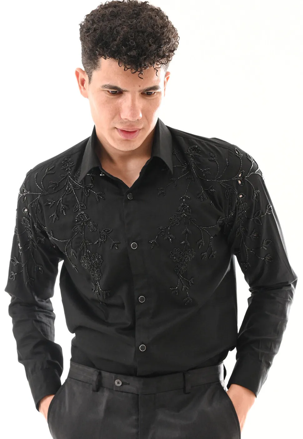 Hand Embroidered Cotton Silk Shirt in Black