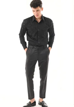 Hand Embroidered Cotton Silk Shirt in Black