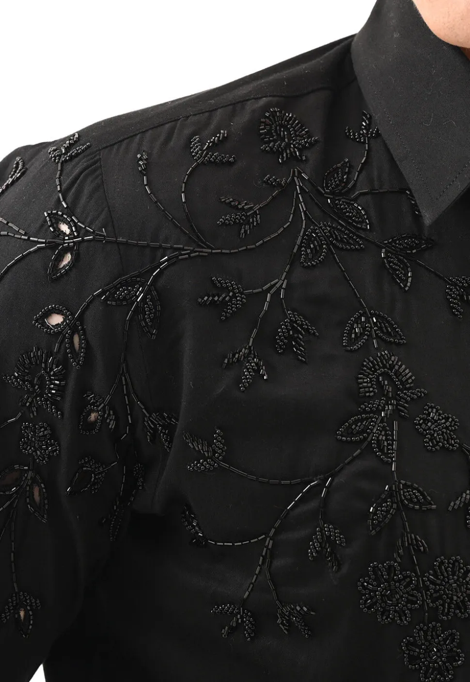Hand Embroidered Cotton Silk Shirt in Black