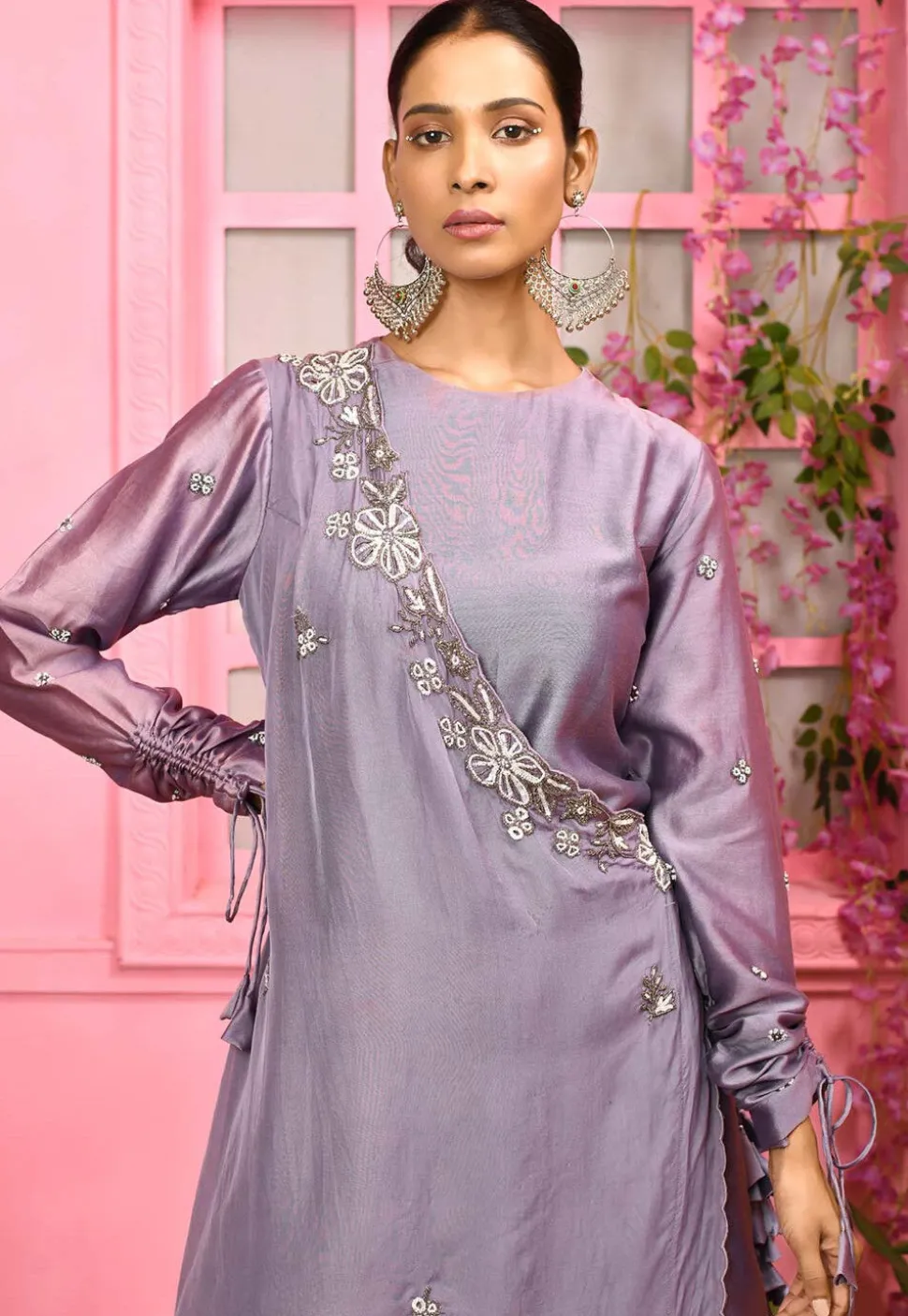 Hand Embroidered Cotton Silk Pakistani Suit in Light Purple