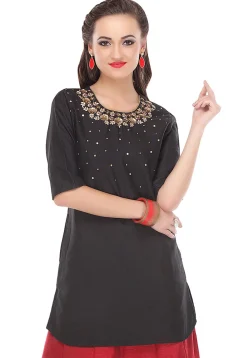 Hand Embroidered Cotton Silk Kurti in Black