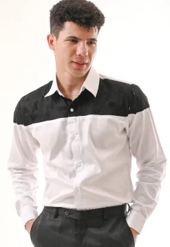 Hand Embroidered Cotton Silk Shirt in White and Black
