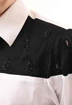 Hand Embroidered Cotton Silk Shirt in White and Black