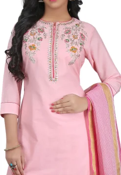 Hand Embroidered Cotton Silk Straight Suit in Light Pink