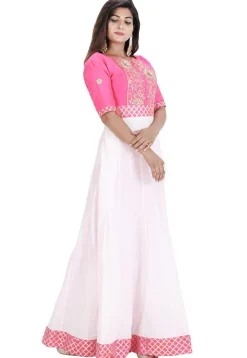 Hand Embroidered Cotton Silk Anarkali Kurta in White and Pink