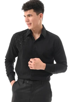 Hand Embroidered Cotton Silk Shirt in Black