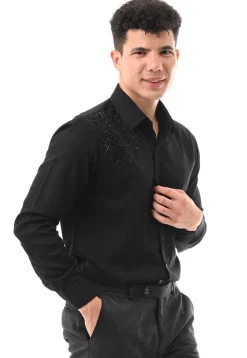 Hand Embroidered Cotton Silk Shirt in Black