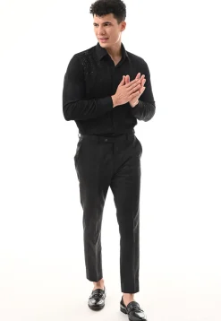 Hand Embroidered Cotton Silk Shirt in Black