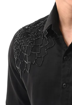 Hand Embroidered Cotton Silk Shirt in Black