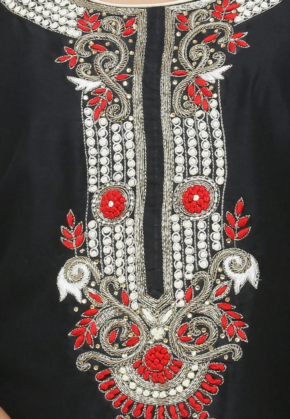 Hand Embroidered Cotton Silk Straight Suit in Black