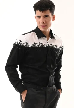 Hand Embroidered Cotton Silk Shirt in Black and White