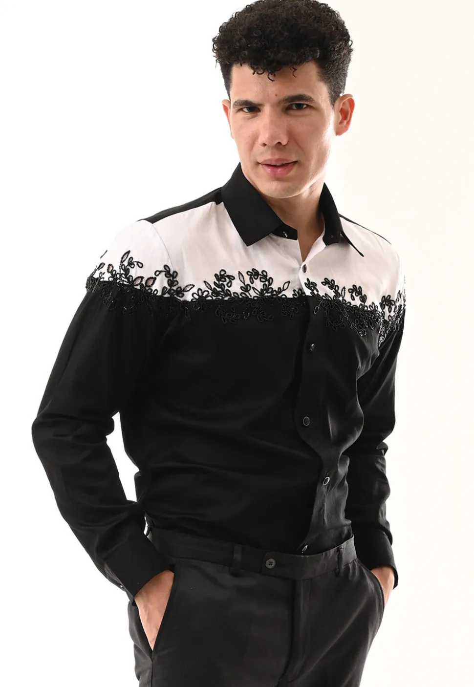 Hand Embroidered Cotton Silk Shirt in Black and White