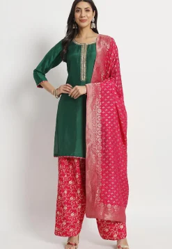 Hand Embroidered Cotton Silk Punjabi Suit in Dark Green