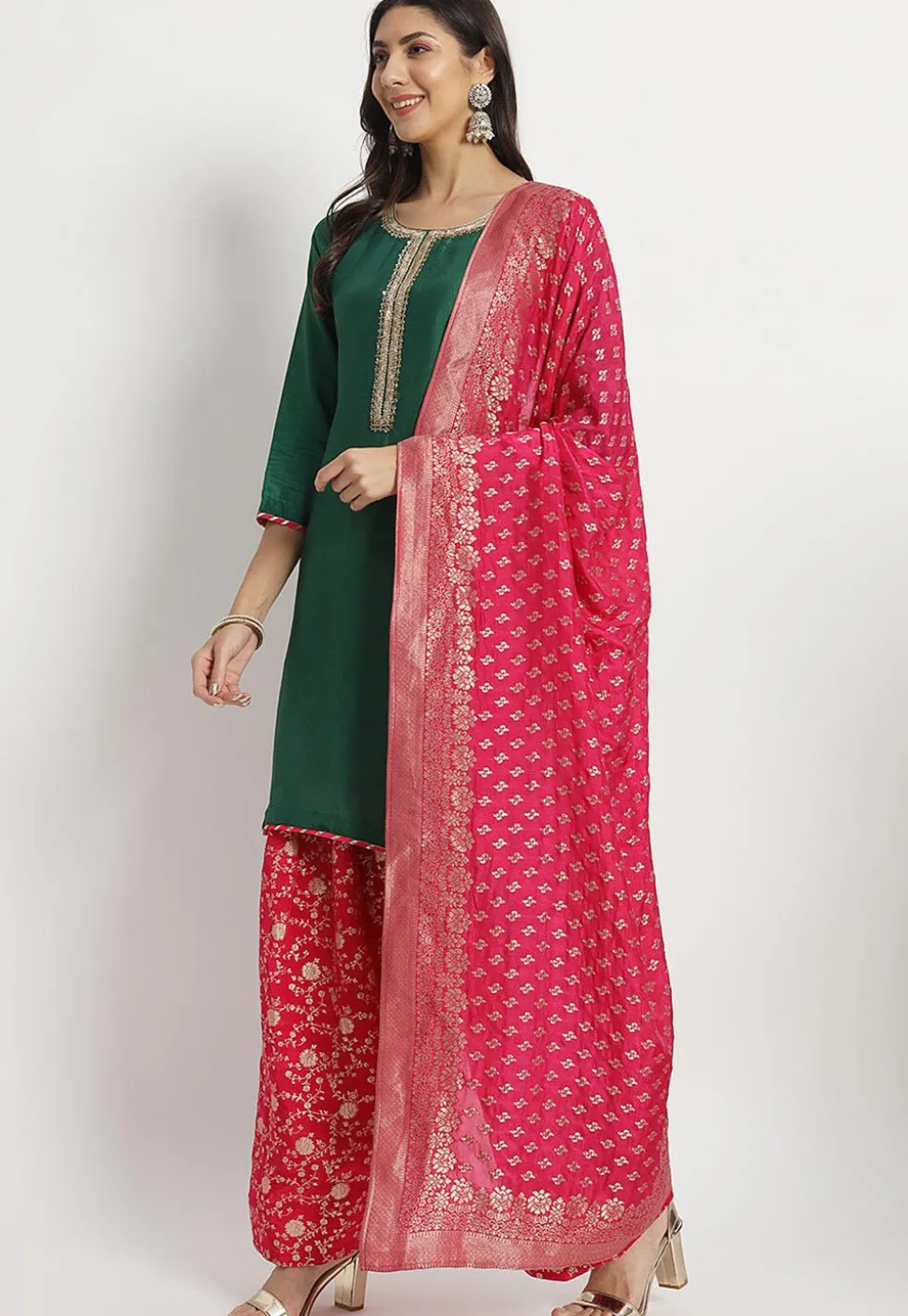Hand Embroidered Cotton Silk Punjabi Suit in Dark Green