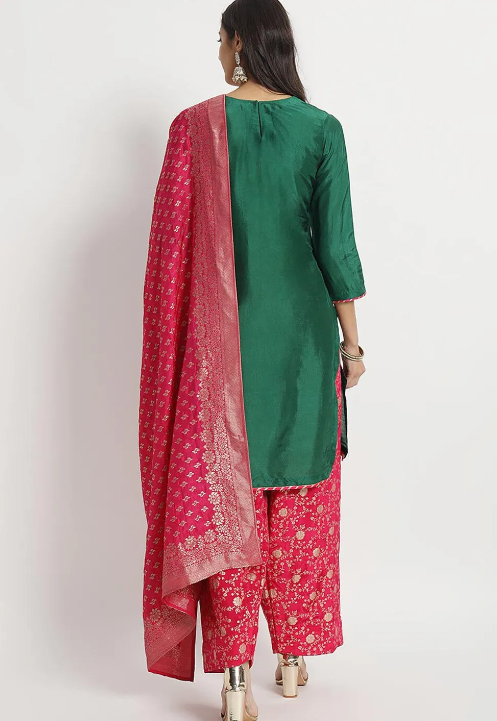 Hand Embroidered Cotton Silk Punjabi Suit in Dark Green