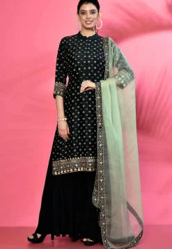 Hand Embroidered Cotton Silk Pakistani Suit in Dark Navy Blue