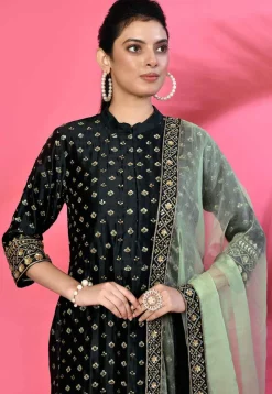 Hand Embroidered Cotton Silk Pakistani Suit in Dark Navy Blue