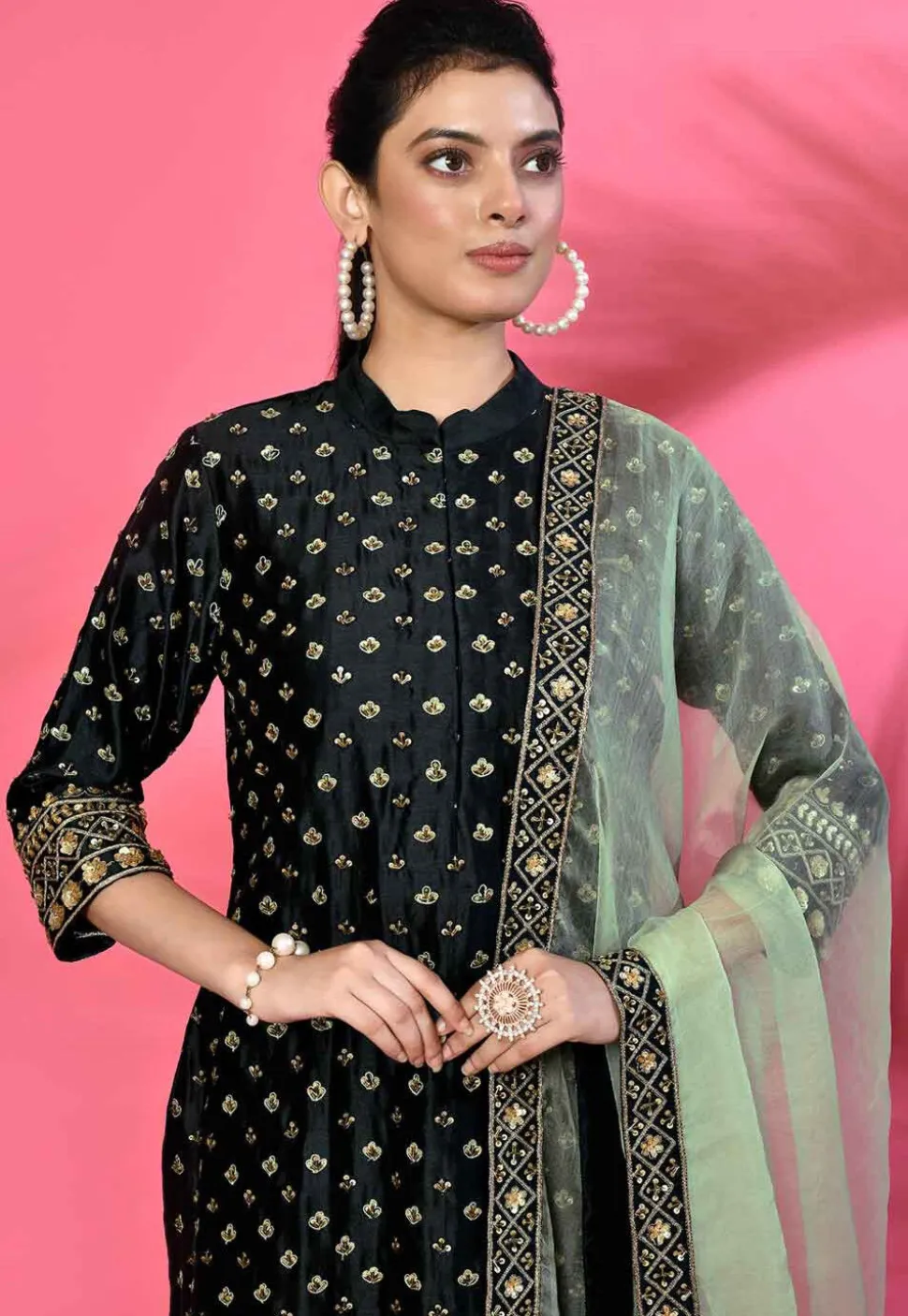 Hand Embroidered Cotton Silk Pakistani Suit in Dark Navy Blue