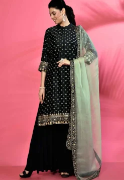 Hand Embroidered Cotton Silk Pakistani Suit in Dark Navy Blue