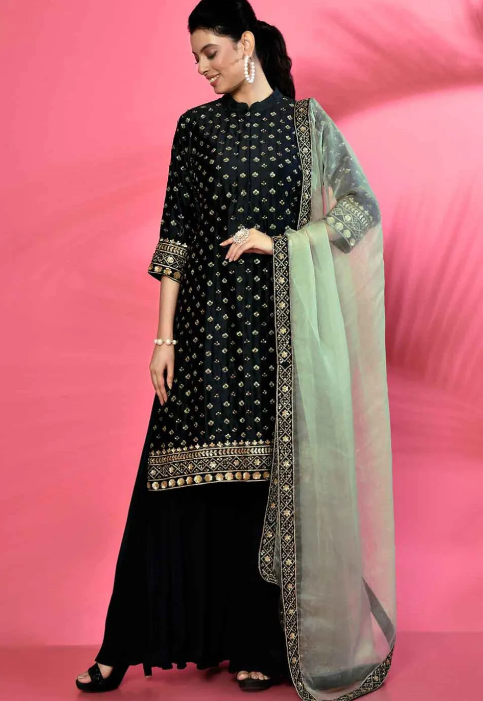Hand Embroidered Cotton Silk Pakistani Suit in Dark Navy Blue