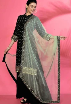 Hand Embroidered Cotton Silk Pakistani Suit in Dark Navy Blue