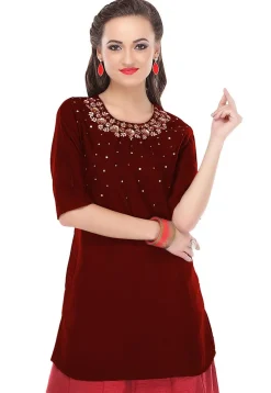 Hand Embroidered Cotton Silk Kurti in Maroon