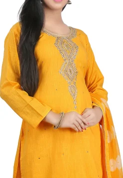 Hand Embroidered Cotton Straight Suit in Yellow